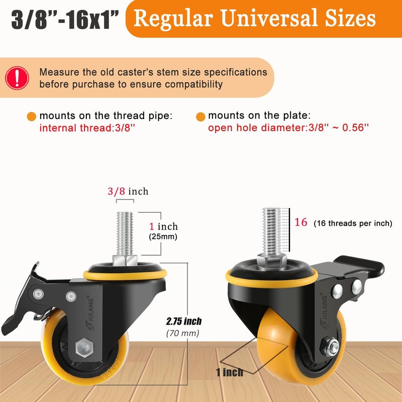 Julang 2 inch Caster Wheels 3/8 Threaded Stem Casters Set of 4 Heavy Duty 580 Lbs, 3/8"-16 x 1(Stem Diameter 3/8", Length 1"), Safety Dual Loking Casters for Wire Shelving, Carts, Furniture - Image 2